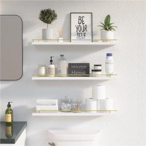Floating Shelves 24 inches with Gold Metal‎ Guardrail, Wall Decor Set of 3